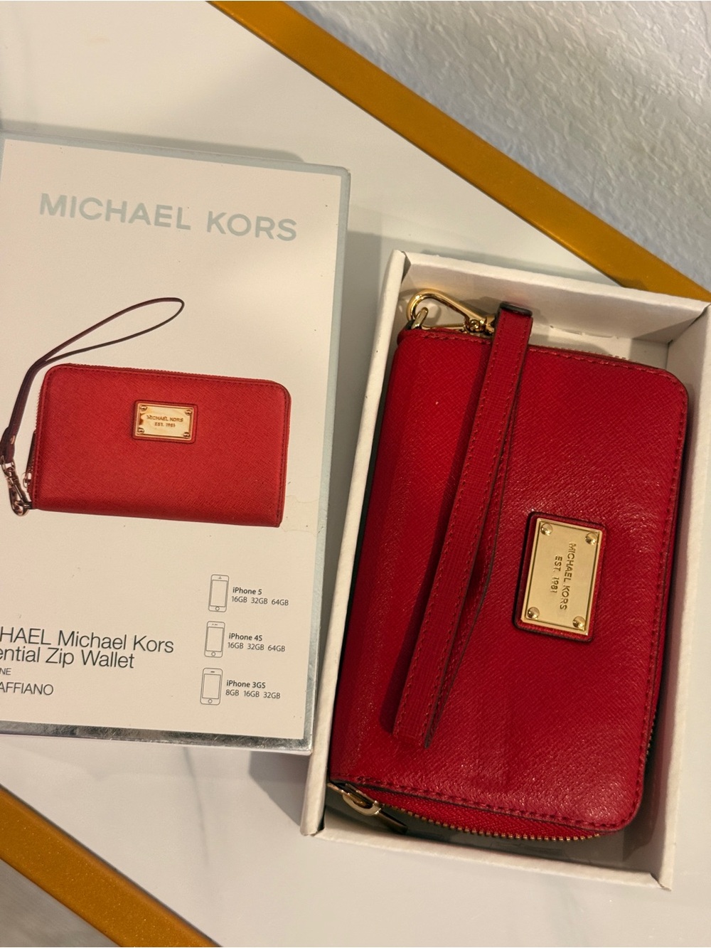 Michael Kors Red Saffiano Zip Around Wristlet